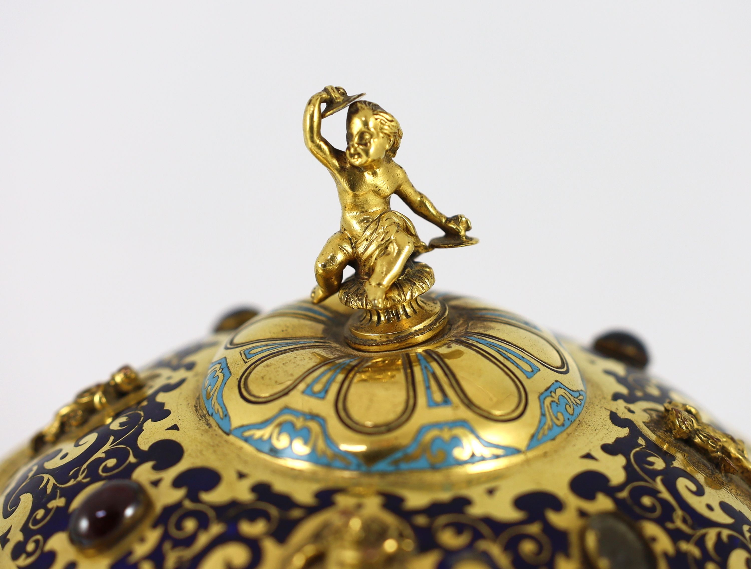 A Victorian enamel and gilt metal pedestal cup and cover in the Renaissance style, Elkington & Co, circa 1880, 24cm high, 14.5cm diameter.